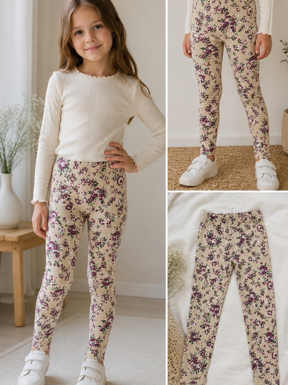 Nicole Miller New York Girls Floral Leggings Size 6 Stretch Cream Pink Pants